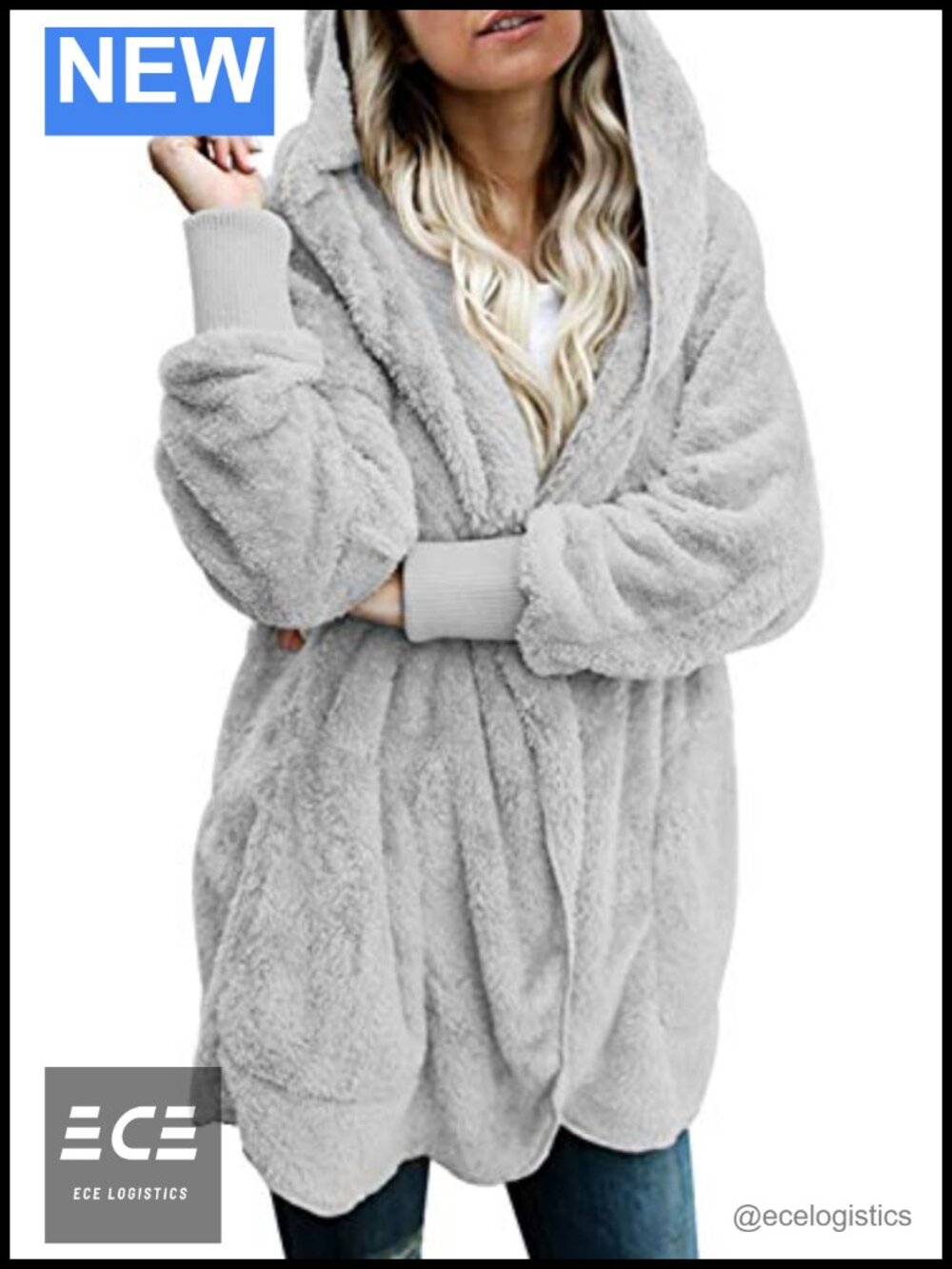 Fuzzy Fleece Open Front Hooded Cardigan Coat Oversized with Pockets